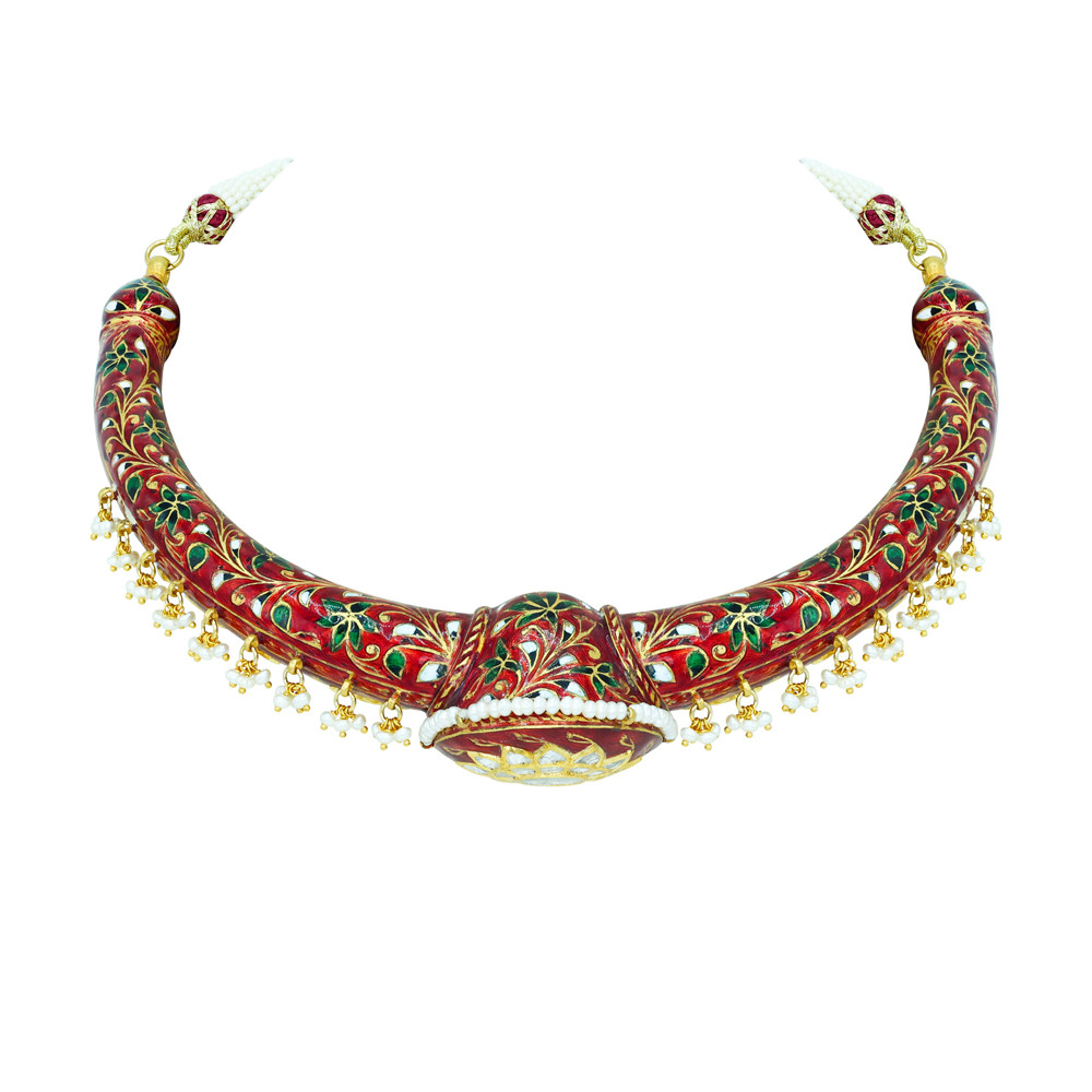 Regal Polki Hasli Necklace with Red Enamel and Pearl Beads