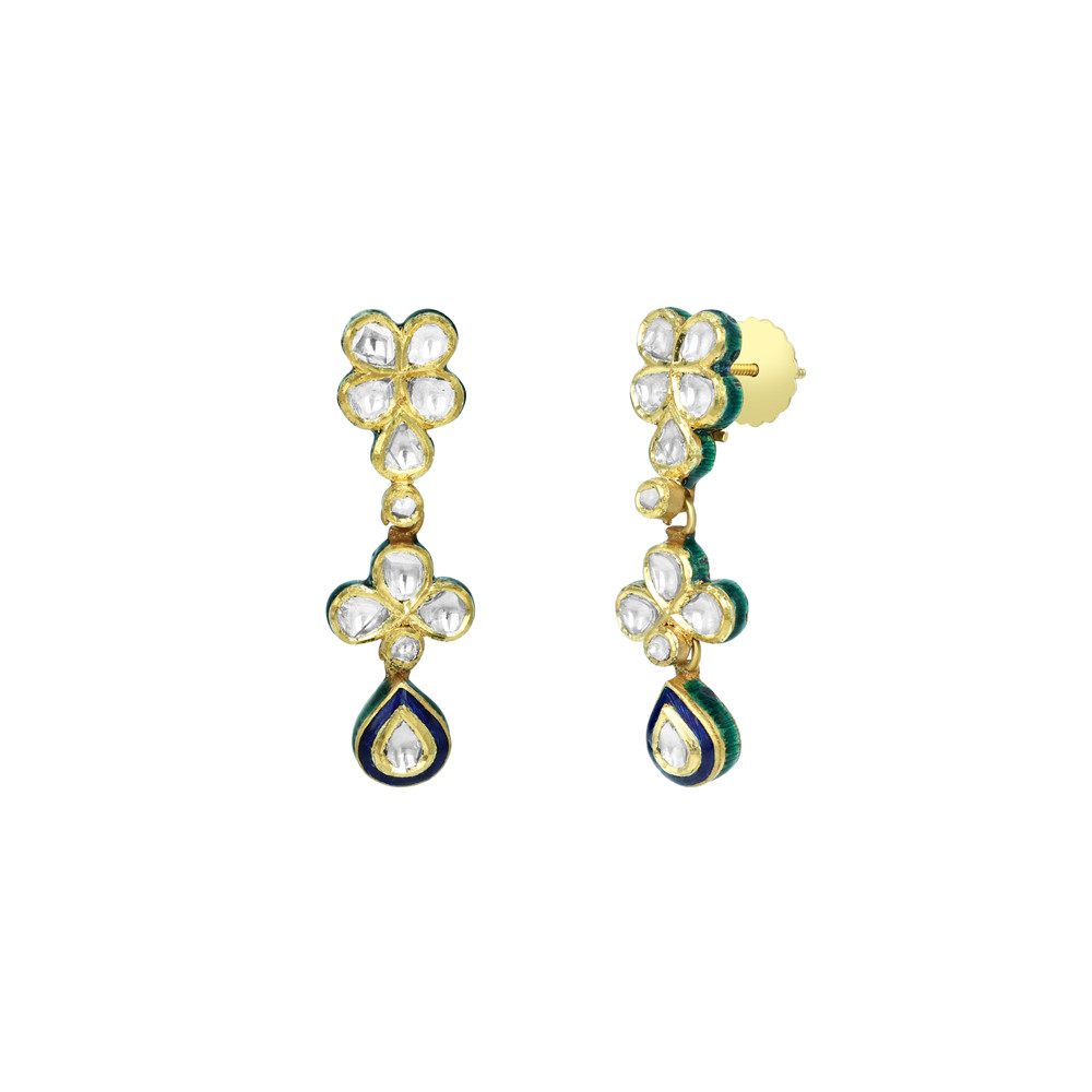 Floral Polki Earrings with Blue Enamel Drops