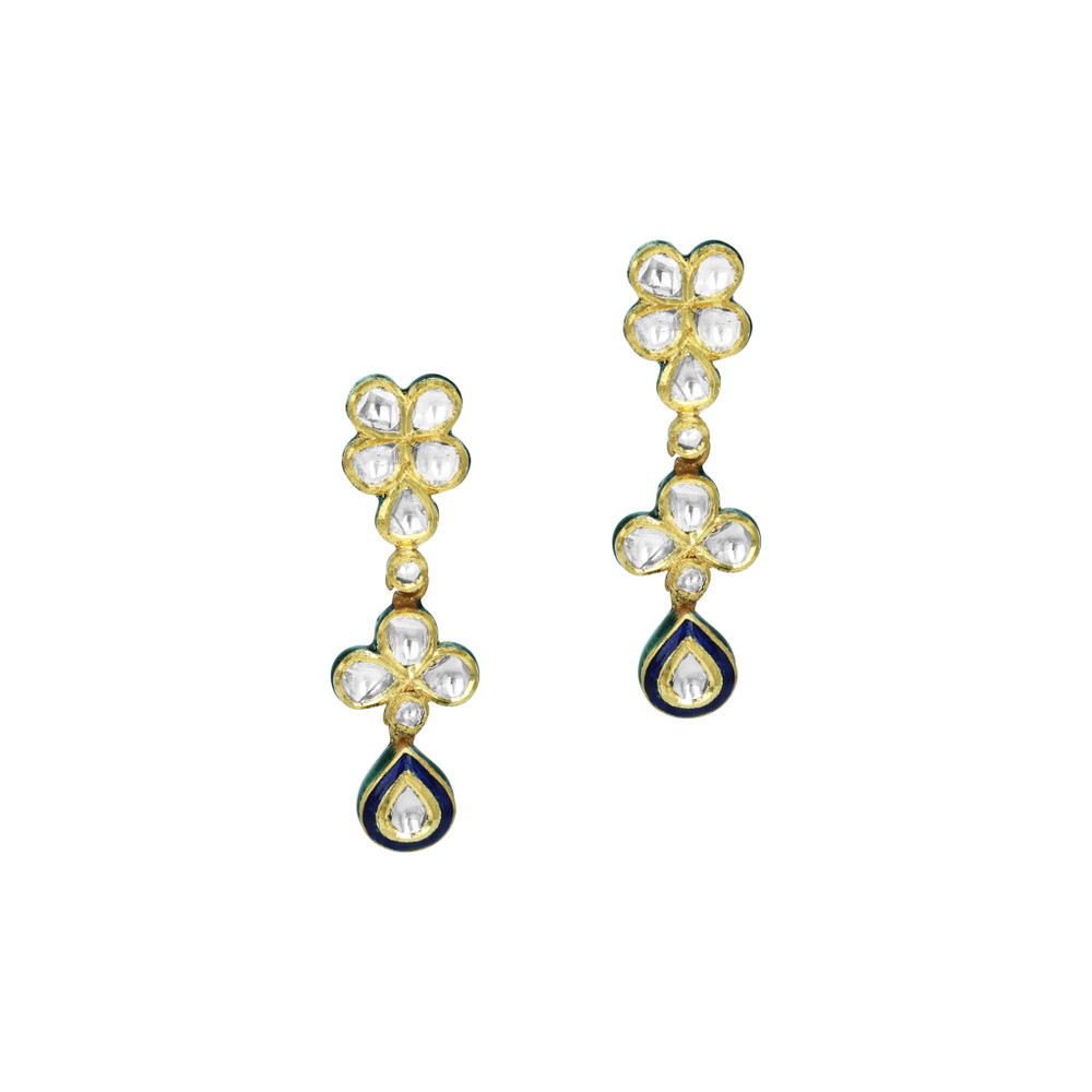 Floral Polki Earrings with Blue Enamel Drops