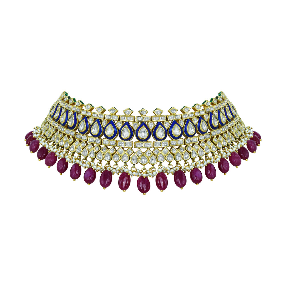 Regal Polki Choker with Blue Enamel and Ruby Tumbles