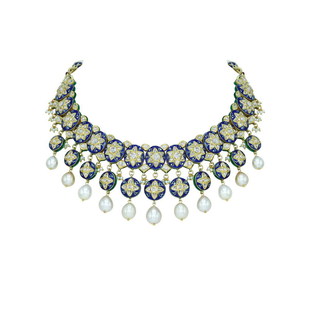 Pearl-Draped Polki Necklace with Blue Enamel Floral Motifs
