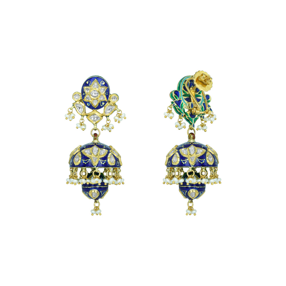 Polki Jhumki Earrings with Blue Enamel and Pearl Drops