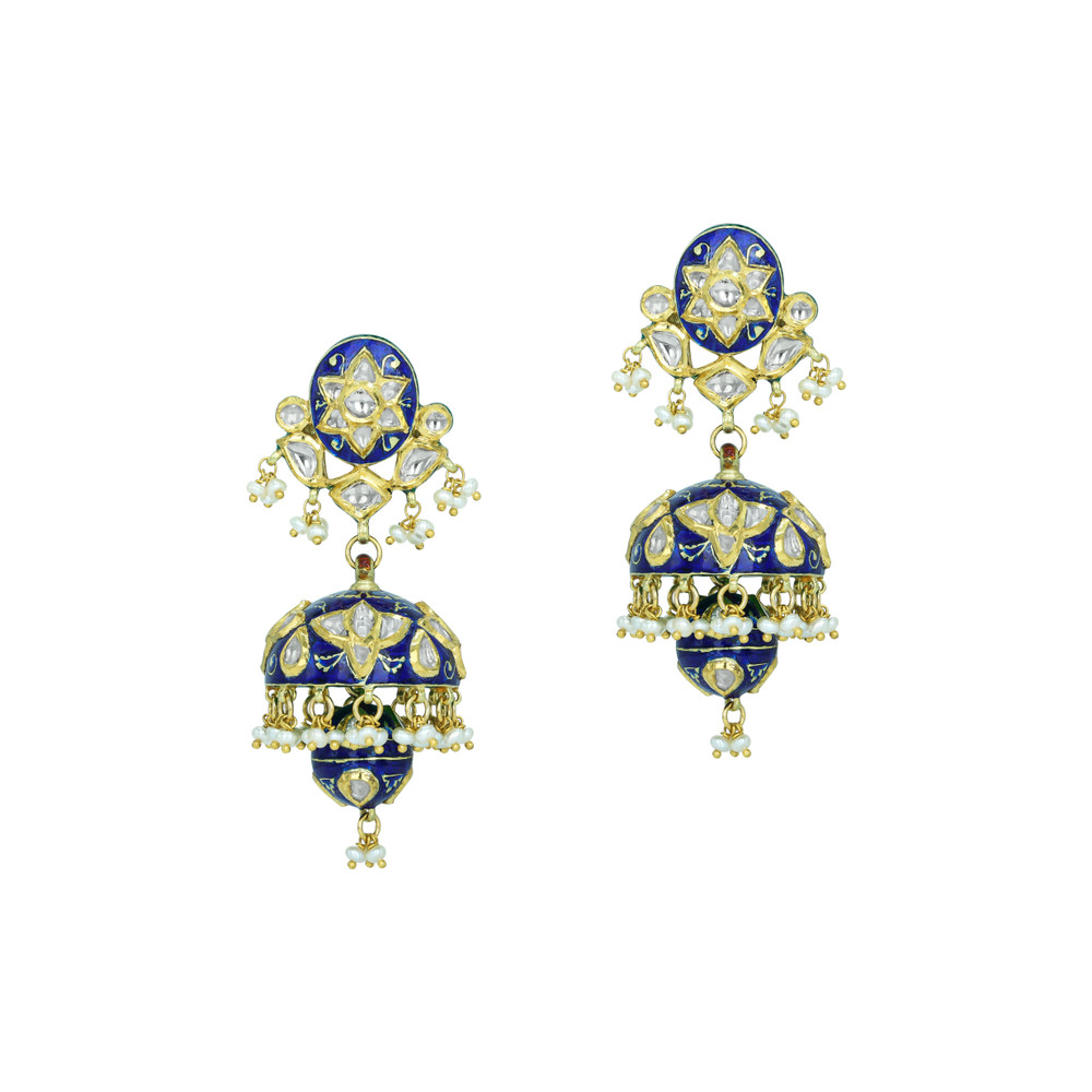 Polki Jhumki Earrings with Blue Enamel and Pearl Drops