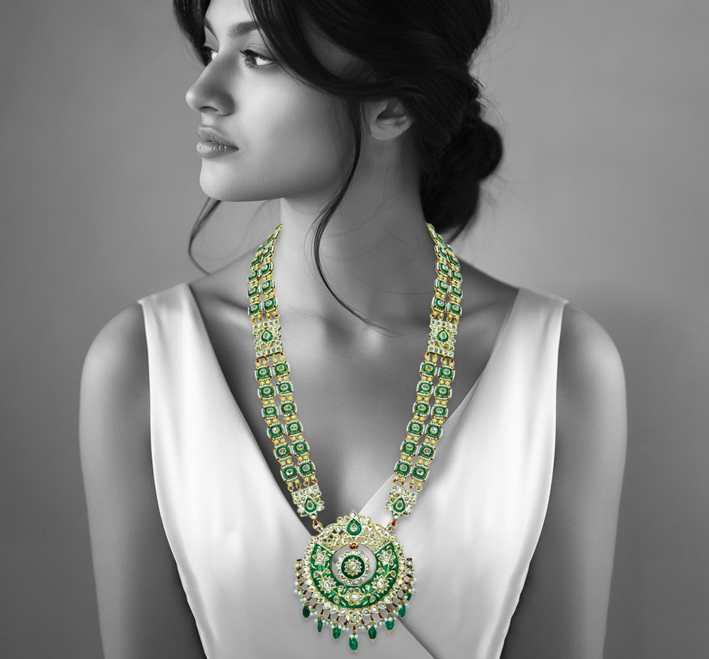 Green Enamel Polki Pendant with Emerald and Pearls