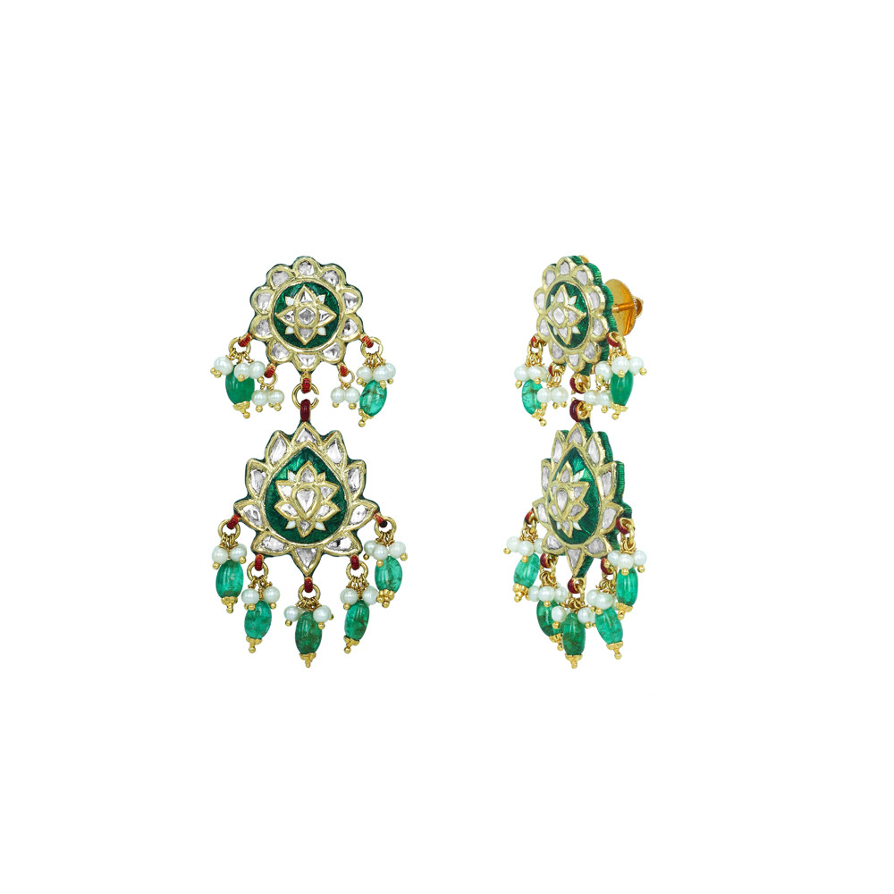 Polki Earrings with Emerald Drops and Green Enamel