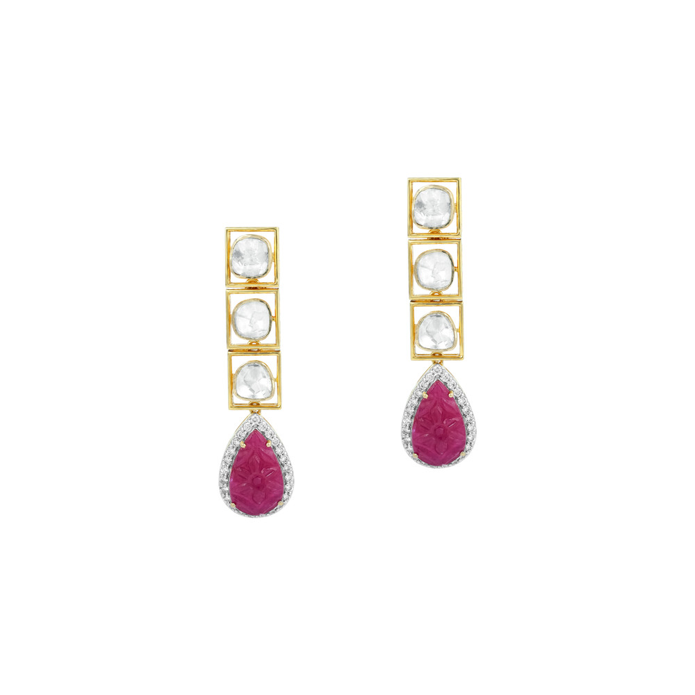 Teardrop Ruby Polki Earrings with Diamond Halo