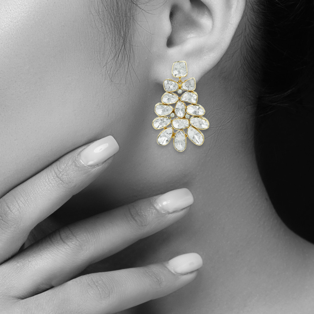 Polki Floral Cascade Earrings with Unshaped Accents
