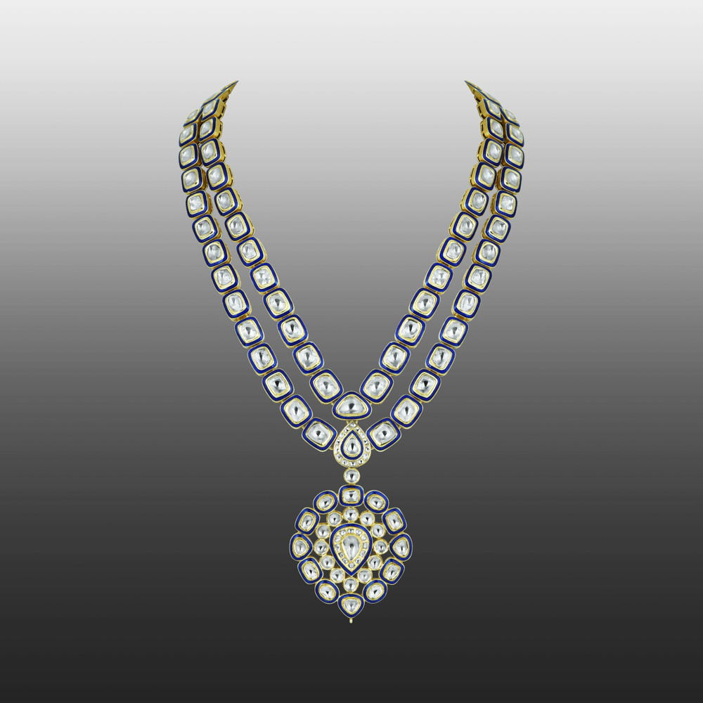 Dual-Layer Polki Necklace with Blue Enamel