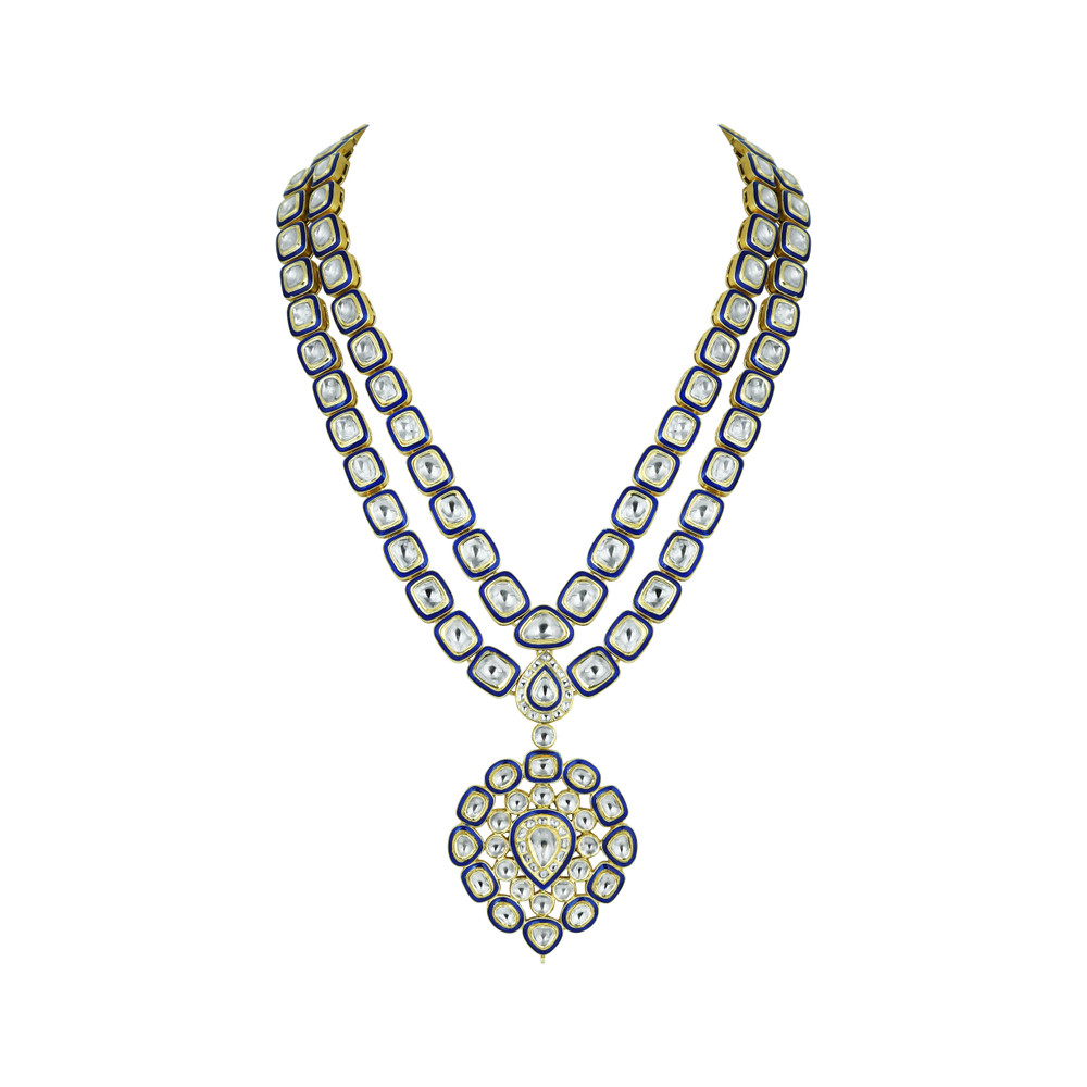 Dual-Layer Polki Necklace with Blue Enamel