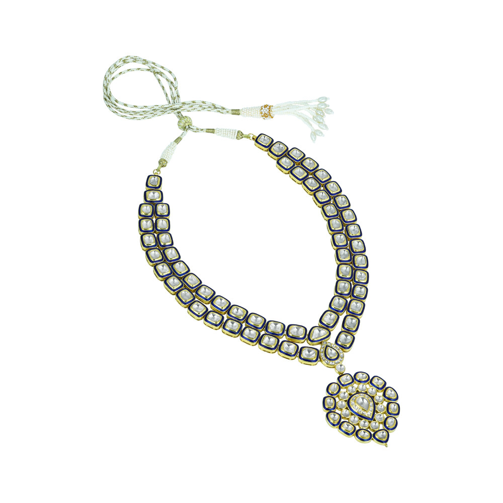Dual-Layer Polki Necklace with Blue Enamel
