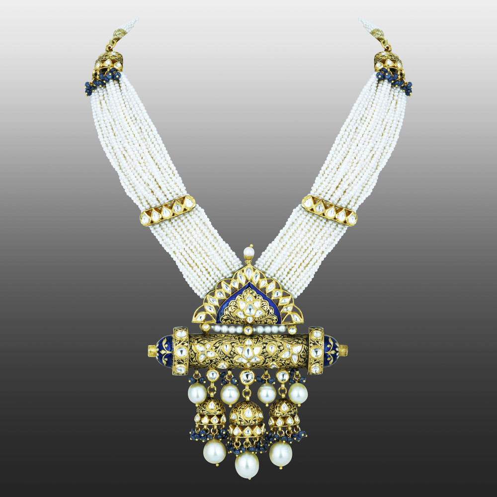 Pearl Strand Necklace with Polki Pendant and Blue Enamel