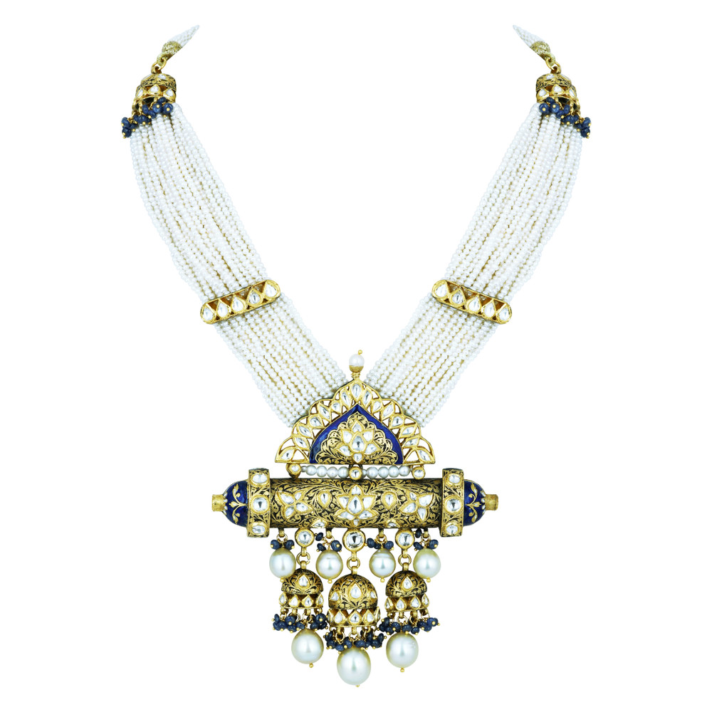Pearl Strand Necklace with Polki Pendant and Blue Enamel