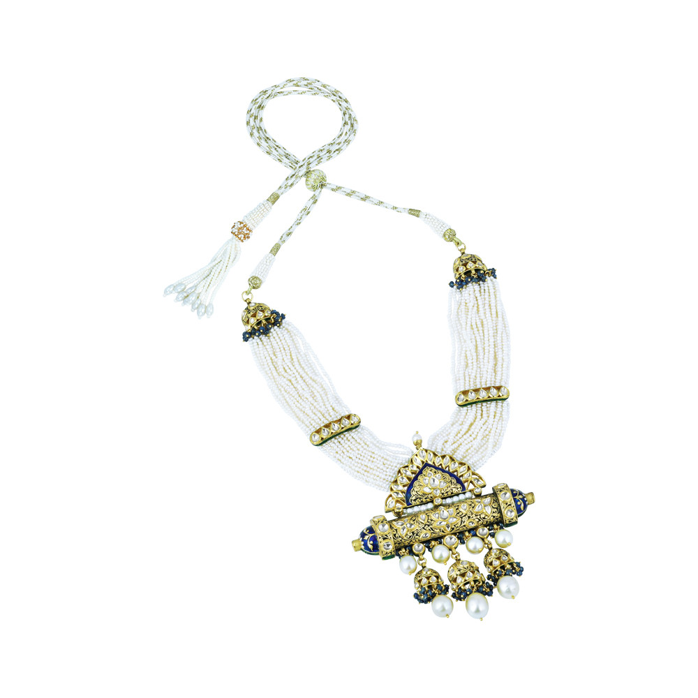 Pearl Strand Necklace with Polki Pendant and Blue Enamel