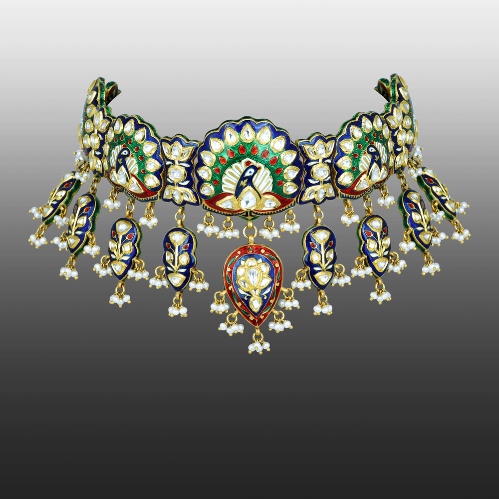Peacock Motif Choker with Polkis and Enamel Detailing