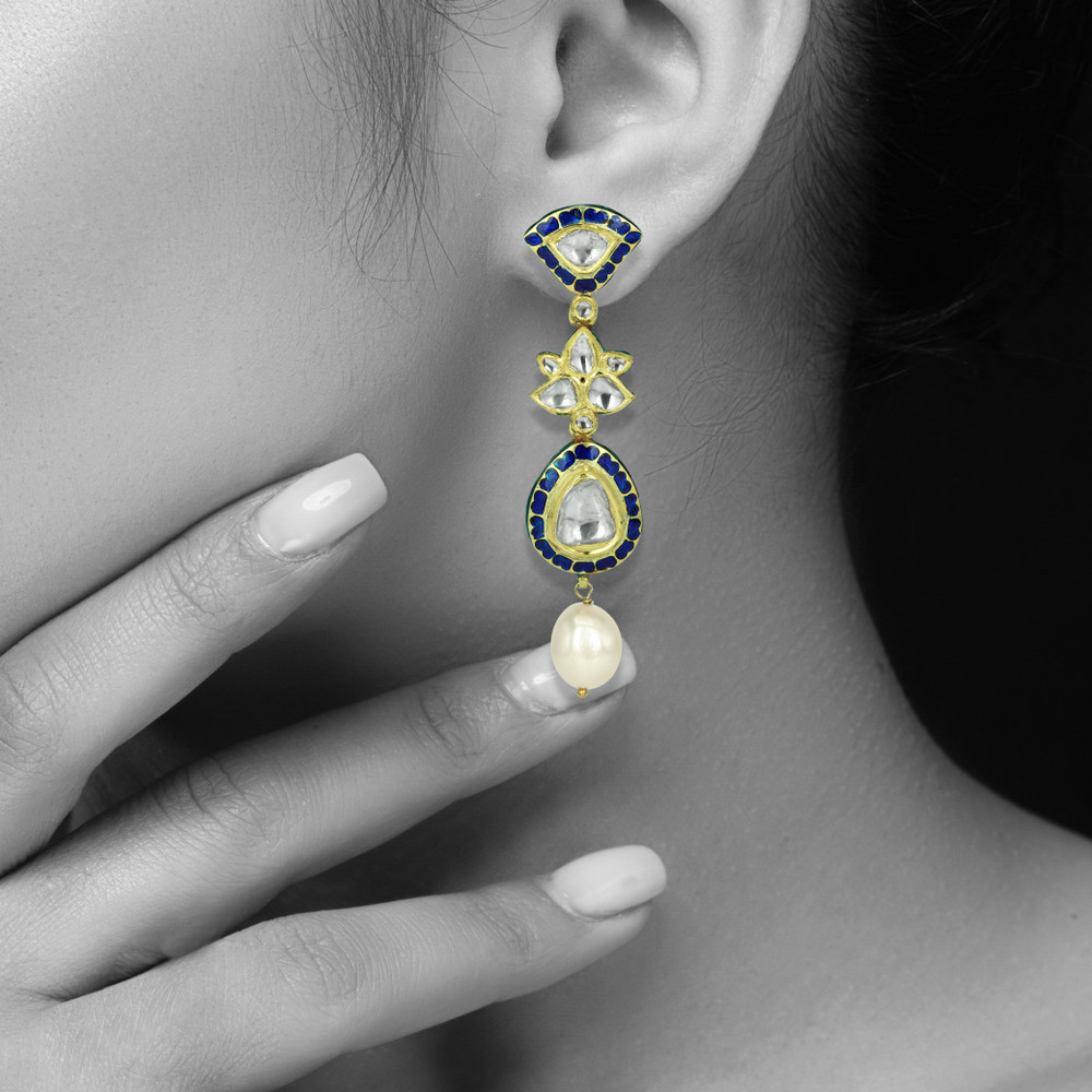 Teardrop Polki Earrings with Deep Blue Enamel