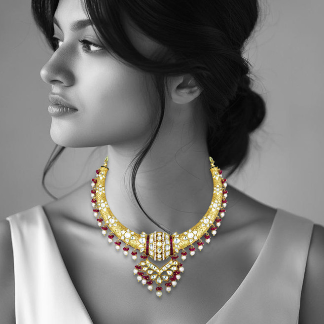 Hasli Necklace with Polki, Ruby Beads, and Pearls