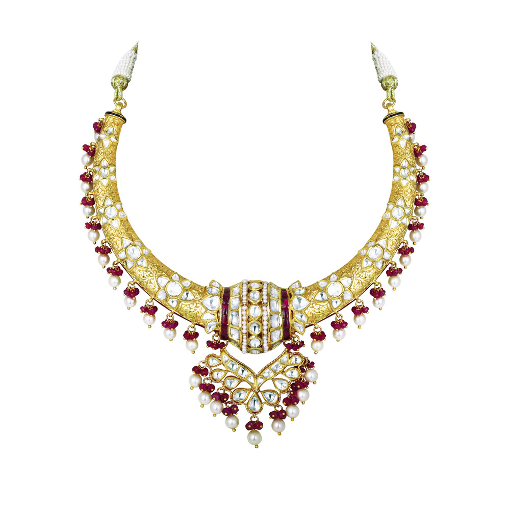 Hasli Necklace with Polki, Ruby Beads, and Pearls