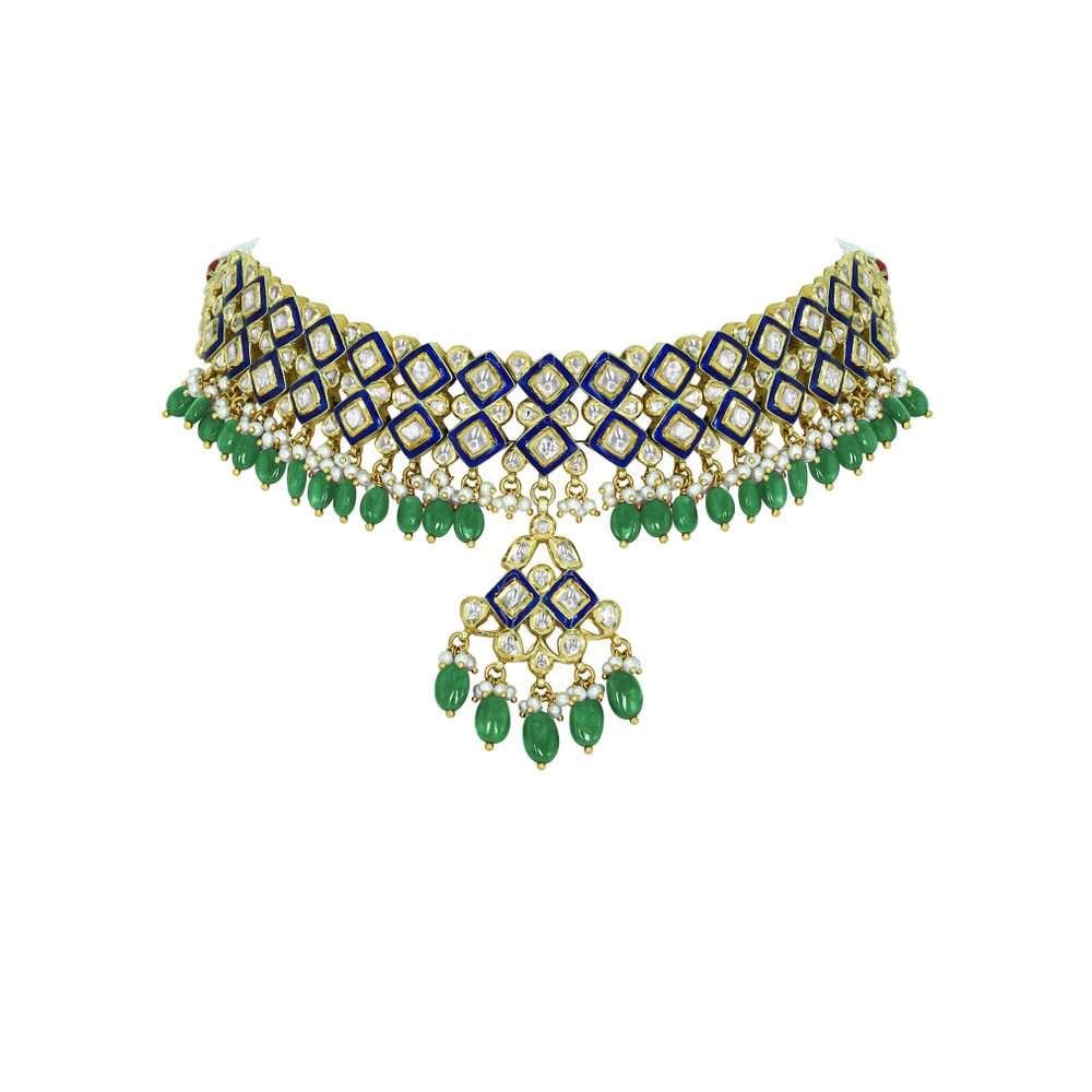 Blue Enamel Polki Choker with Emerald Maniyas and Pearl Clusters
