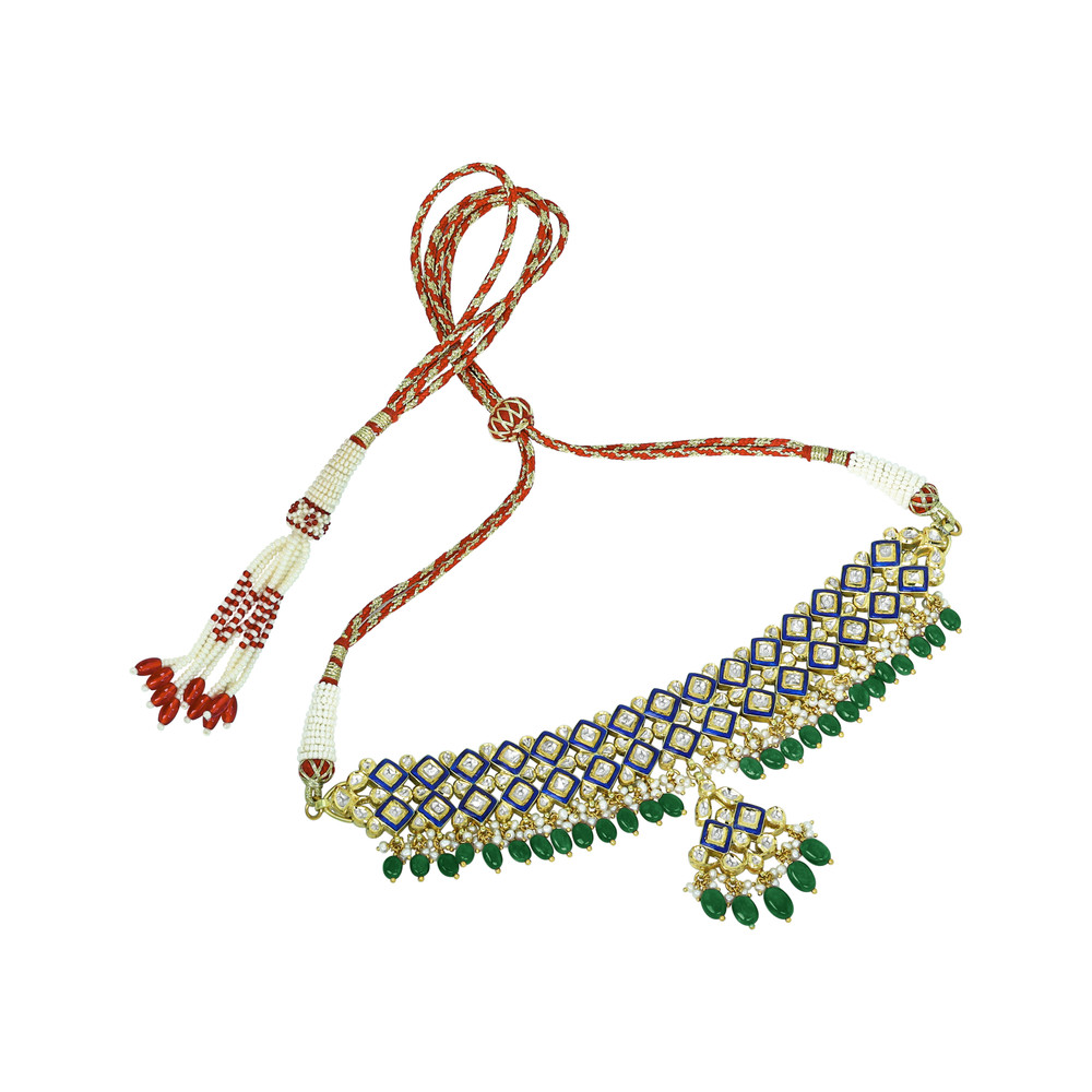 Blue Enamel Polki Choker with Emerald Maniyas and Pearl Clusters