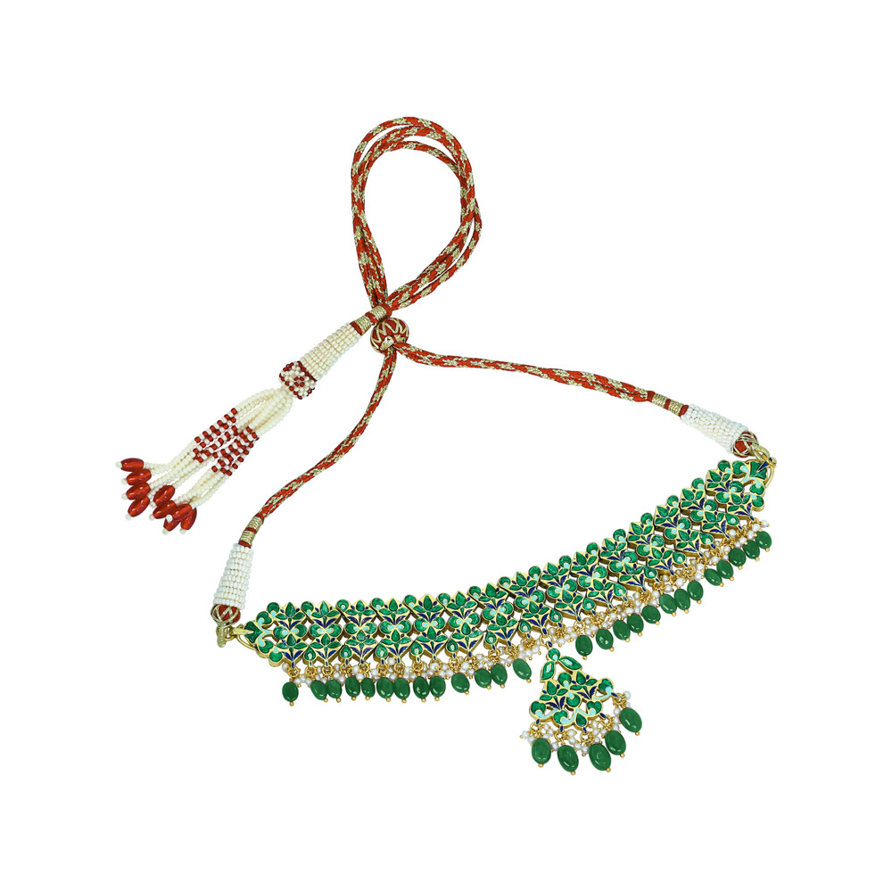 Blue Enamel Polki Choker with Emerald Maniyas and Pearl Clusters