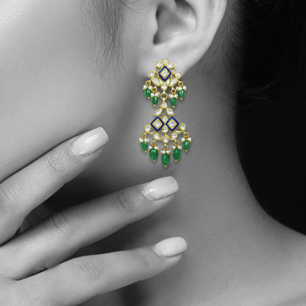 Blue Enamel Polki Earrings with Emerald Maniyas and Pearl Clusters