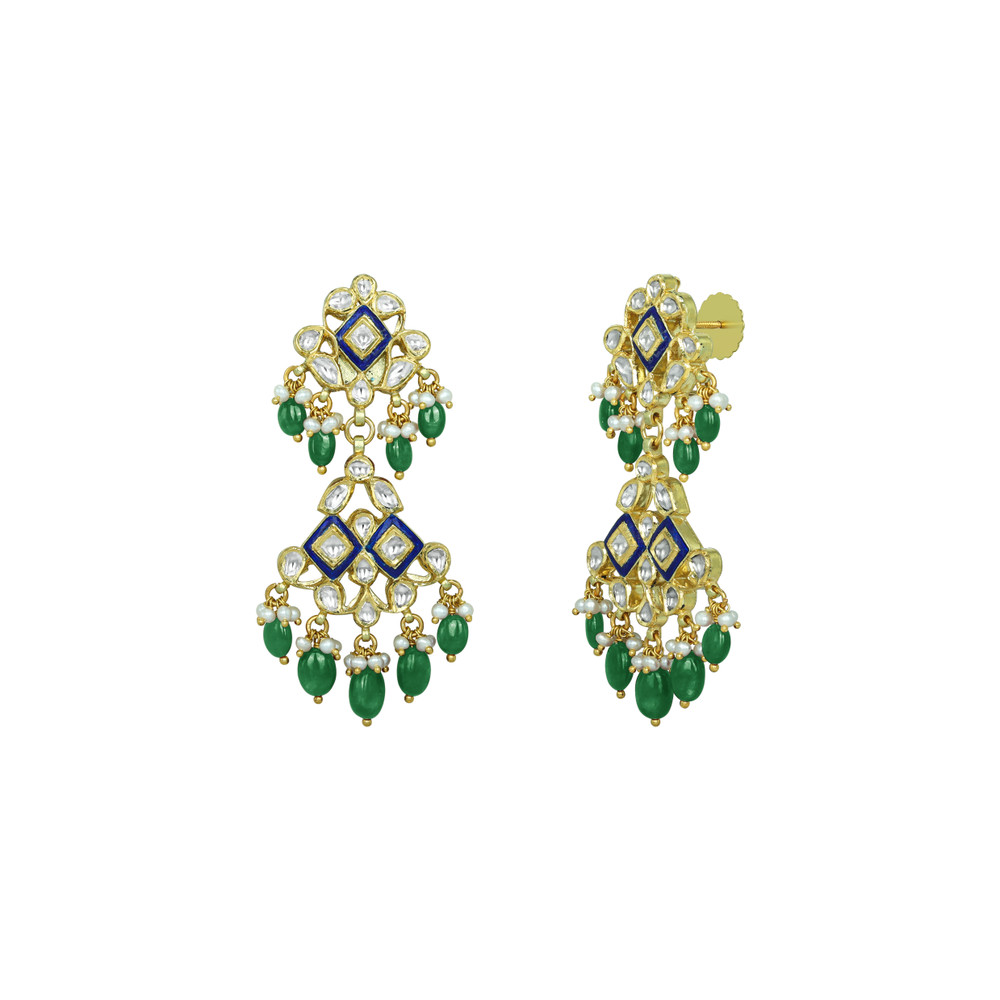 Blue Enamel Polki Earrings with Emerald Maniyas and Pearl Clusters