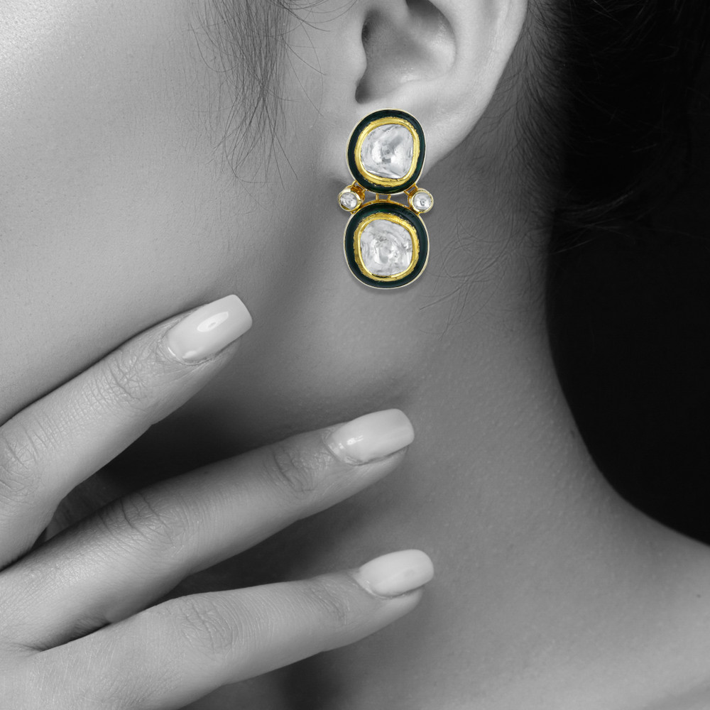 Polki Necklace Set with Green Enamel Border