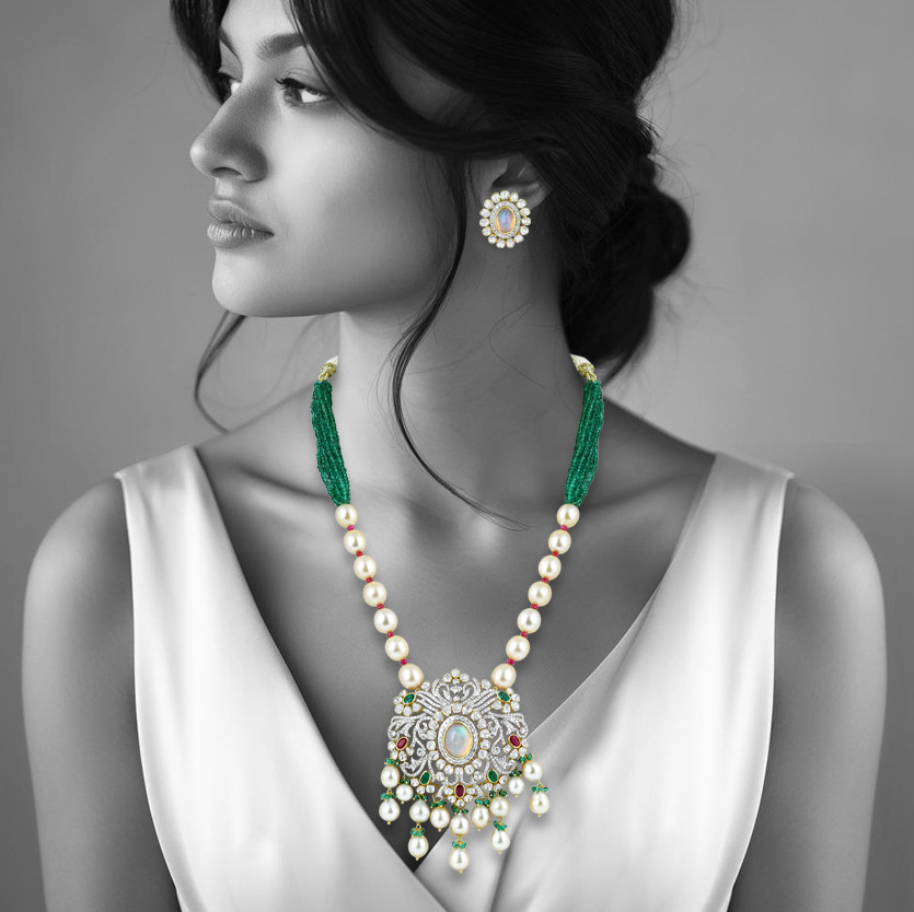 Opal Polki Pendant Necklace with Emeralds and Pearl Strands