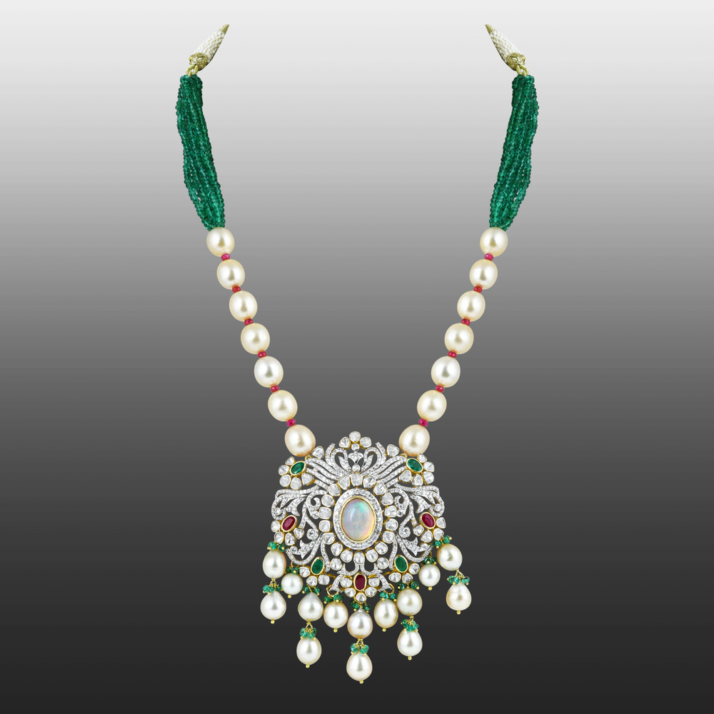 Opal Polki Pendant Necklace with Emeralds and Pearl Strands