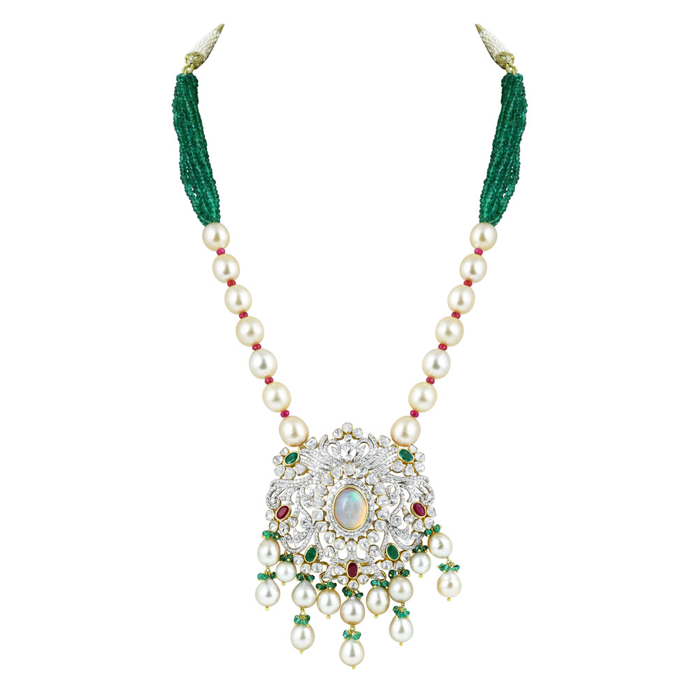 Opal Polki Pendant Necklace with Emeralds and Pearl Strands