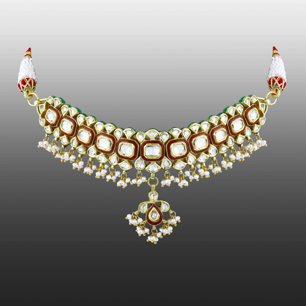 Polki Choker with Red Enamel and Graceful Pearl Clusters