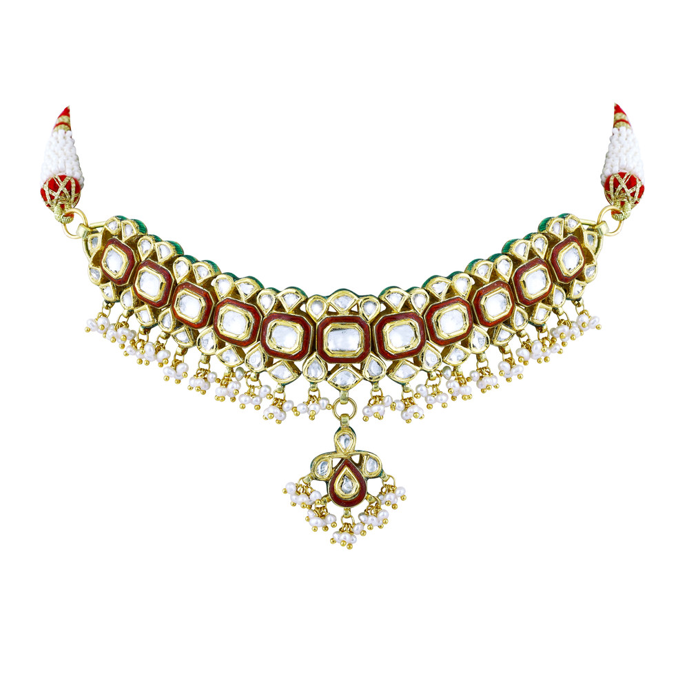 Polki Choker with Red Enamel and Graceful Pearl Clusters
