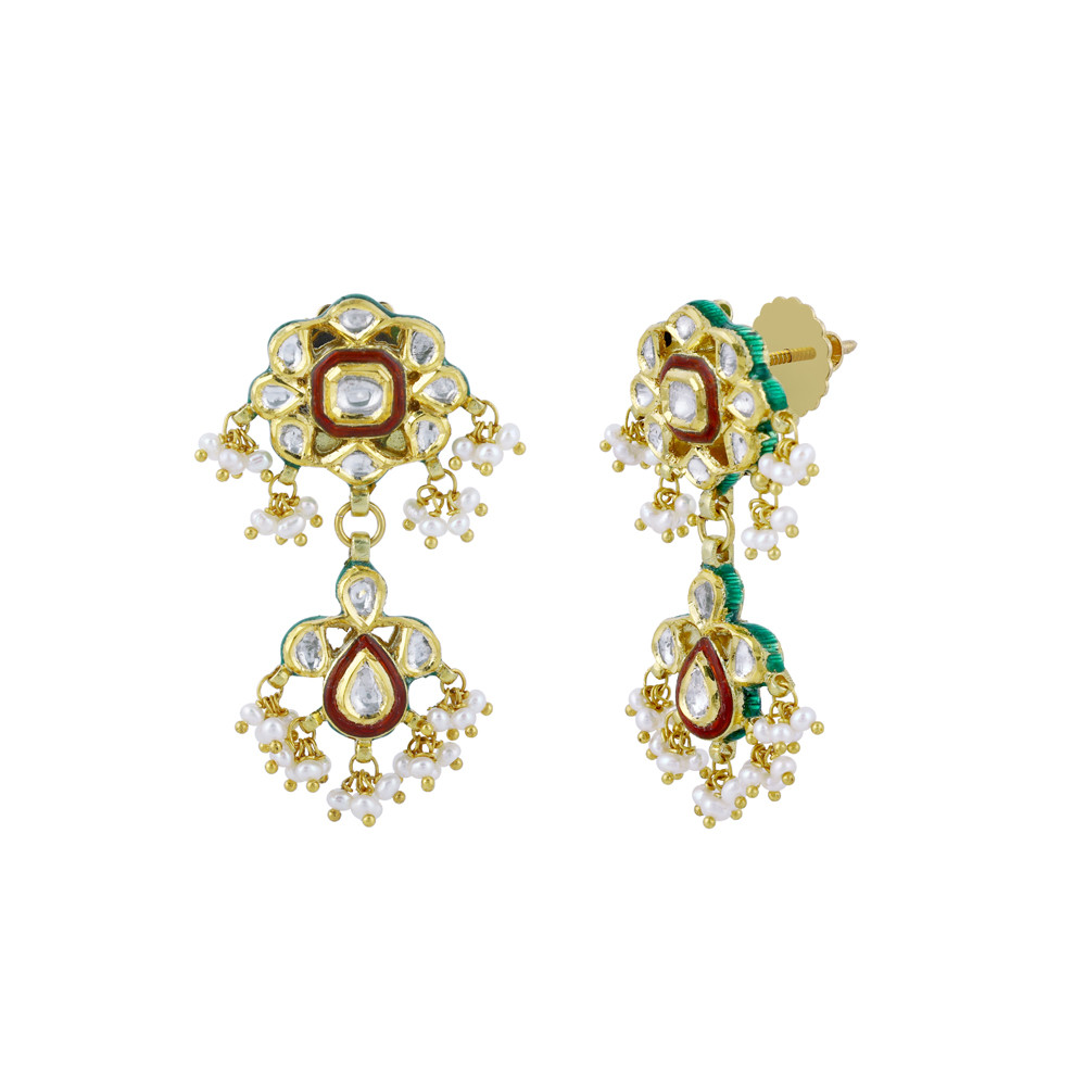 Polki Earrings with Red Enamel and Delicate Pearl Clusters
