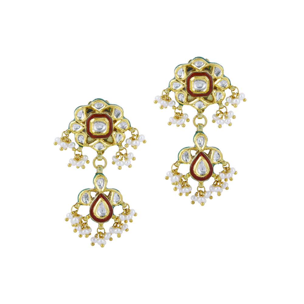 Polki Earrings with Red Enamel and Delicate Pearl Clusters