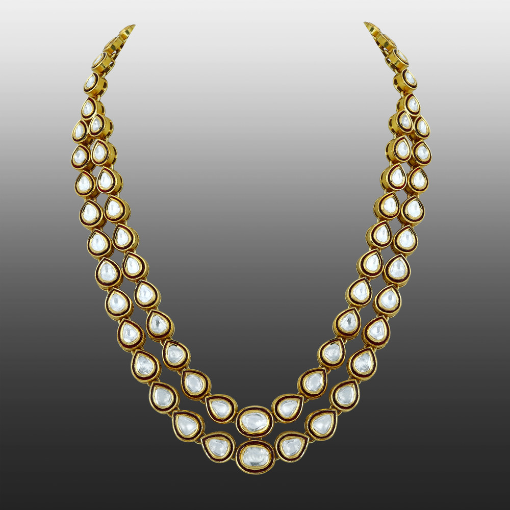 Double-Row Polki Necklace with Red Enamel Border