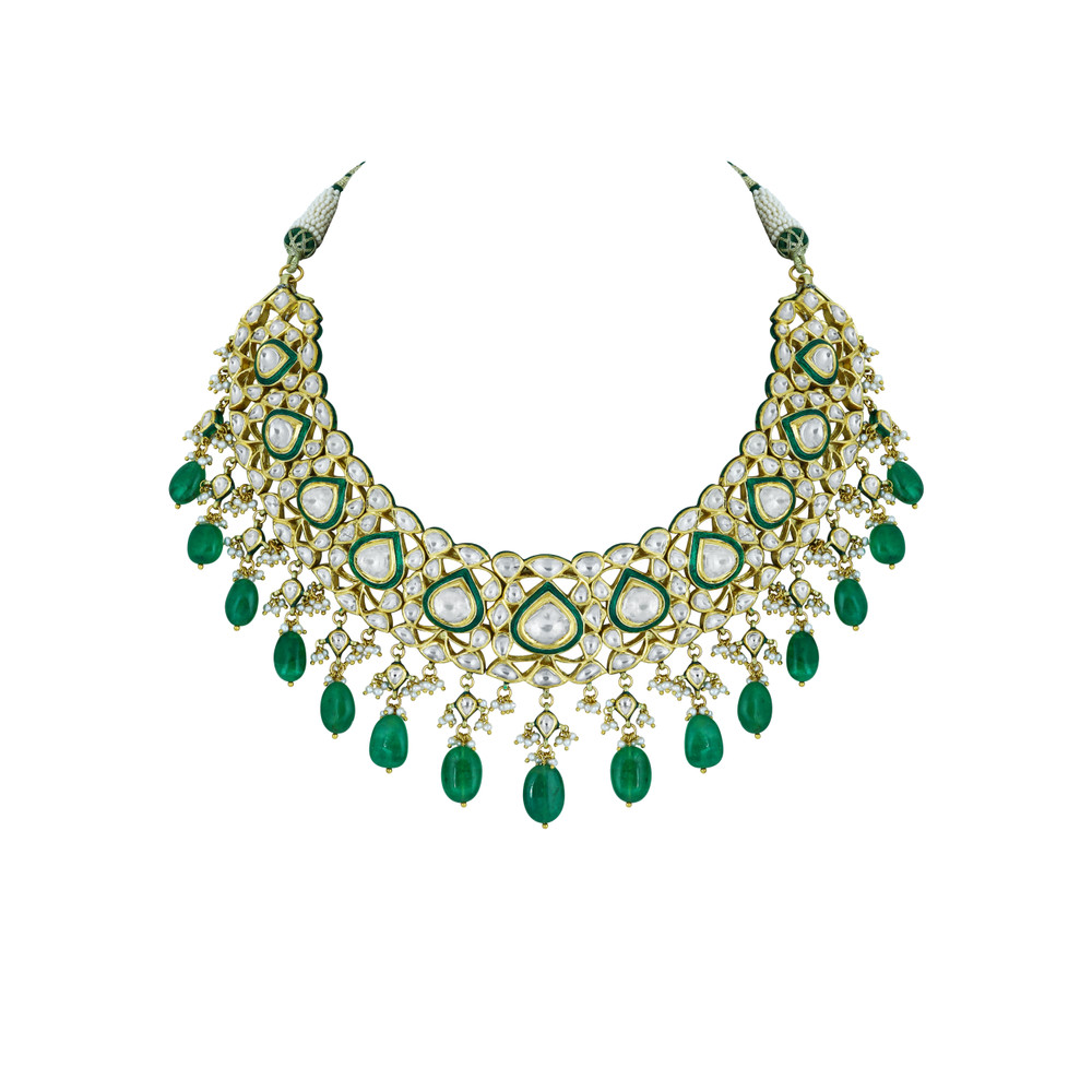 Polki Necklace with Green Enamel and Emerald Drops