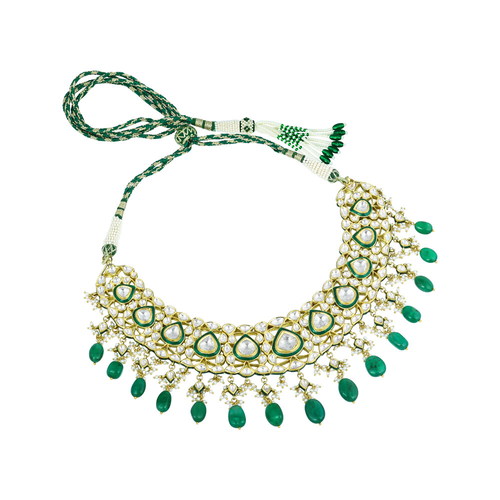 Polki Necklace with Green Enamel and Emerald Drops