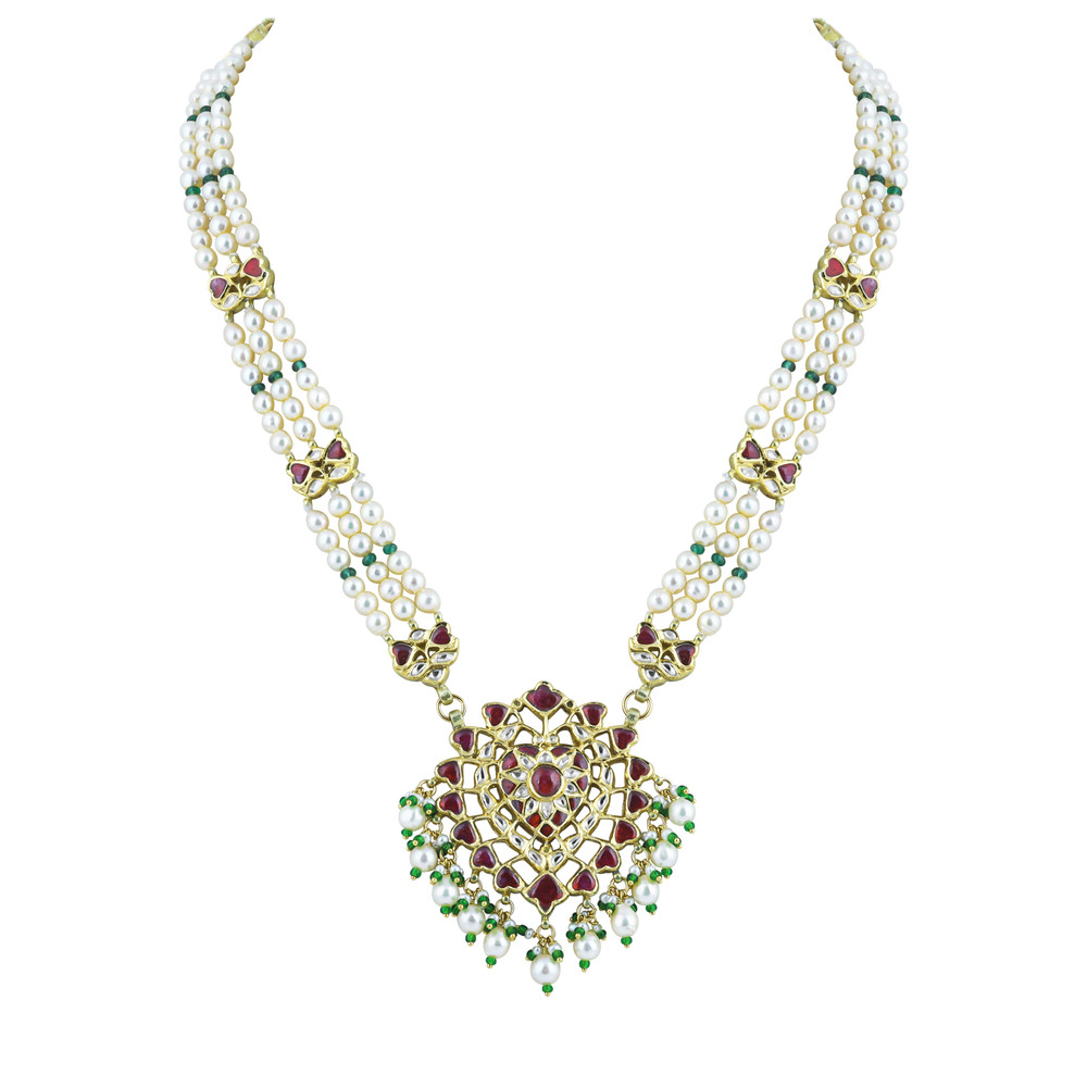 Pearl Pendant Necklace with Emerald Beads and Ruby Colour stones