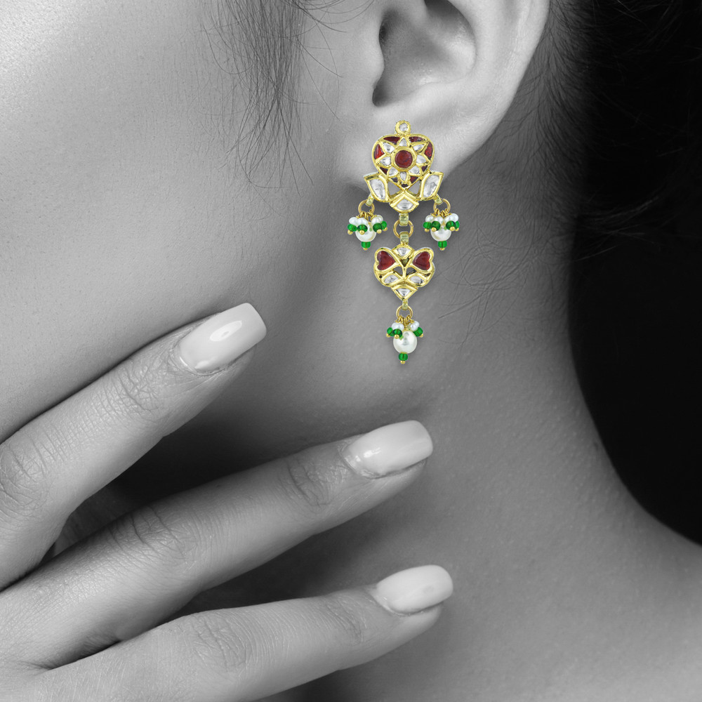 Polki Earrings with Ruby Colour Stone, Pearl Drops, and Emerald Beads