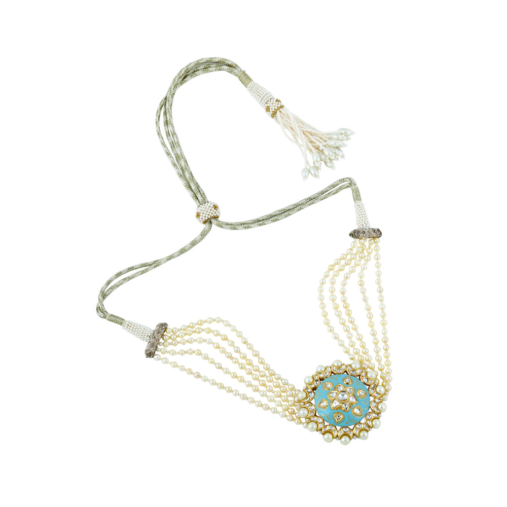 Pearl Choker with Turquoise Enamel and Floral Polki Centerpiece