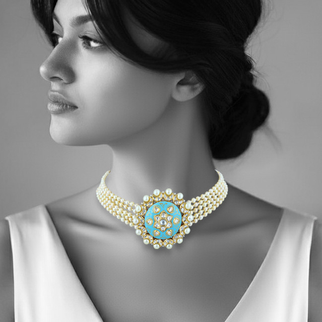 Pearl Choker with Turquoise Enamel and Floral Polki Centerpiece