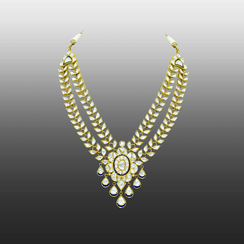 Gold Polki Necklace with Twin Petal Lines and Floral Center