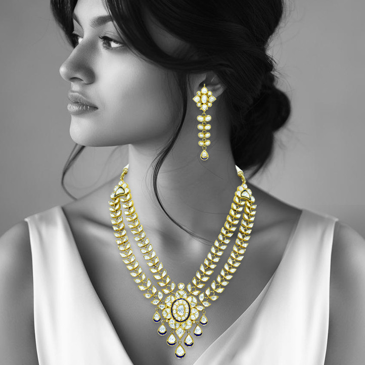 Gold Polki Necklace with Twin Petal Lines and Floral Center