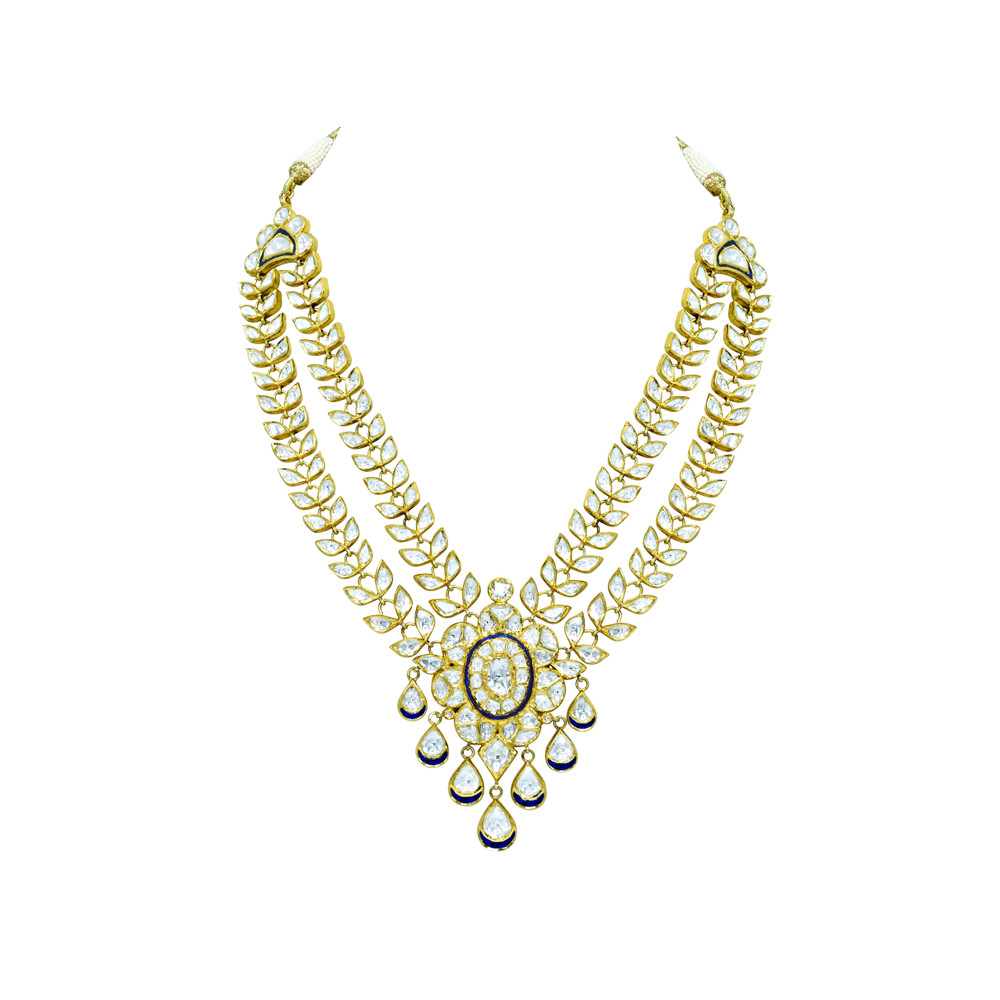 Gold Polki Necklace with Twin Petal Lines and Floral Center