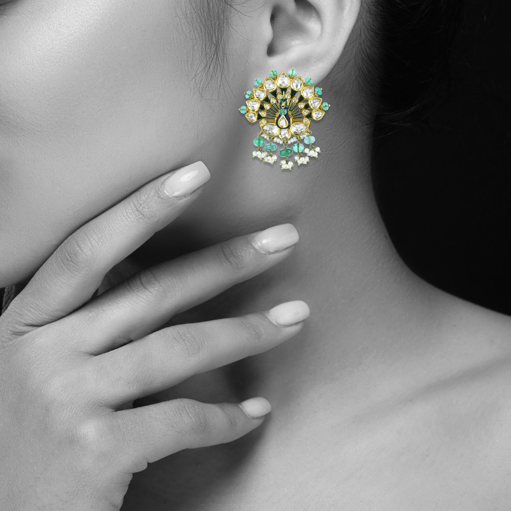 Peacock Polki Earrings with Emerald Beads and Pearl Cluster
