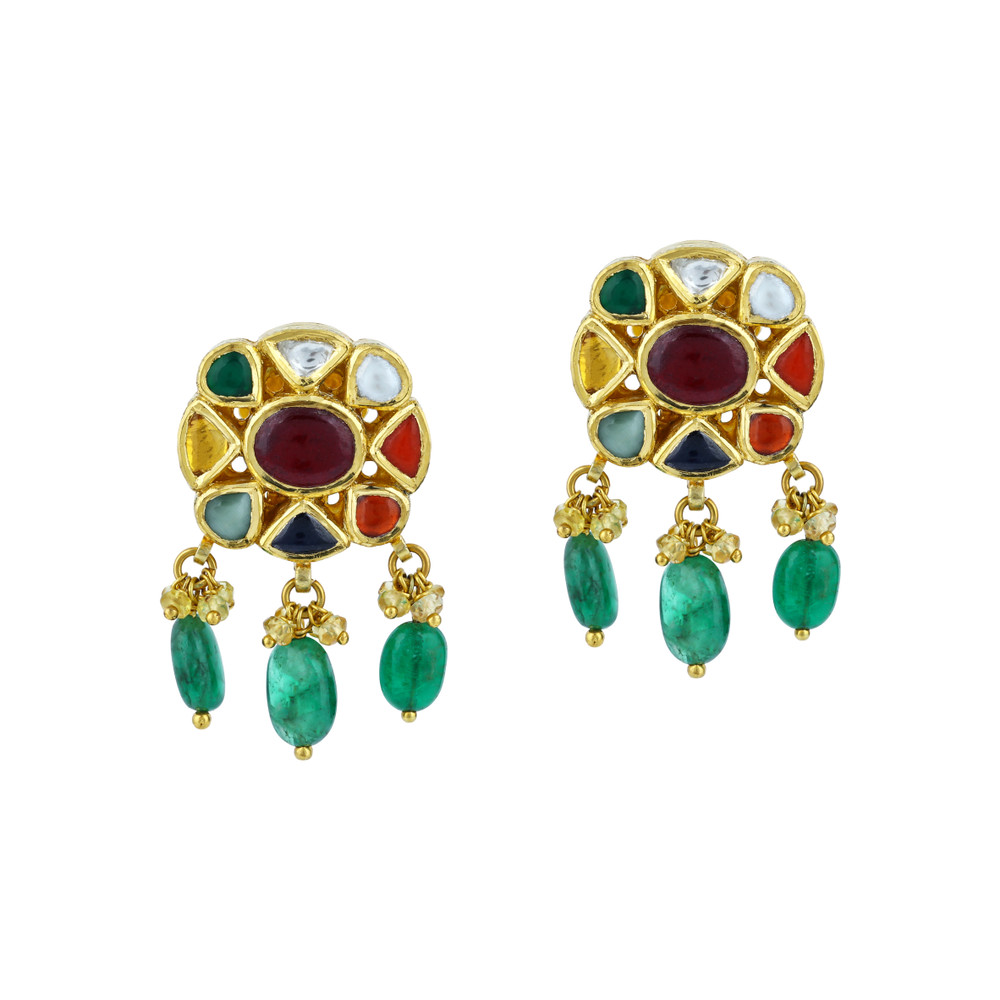 Floral Navratna Earrings with Multi-coloured Gemstones and Emerald Drops