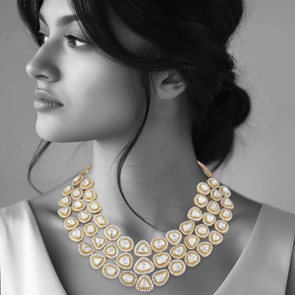 Layered Polki Necklace with Gold & Diamond Halos