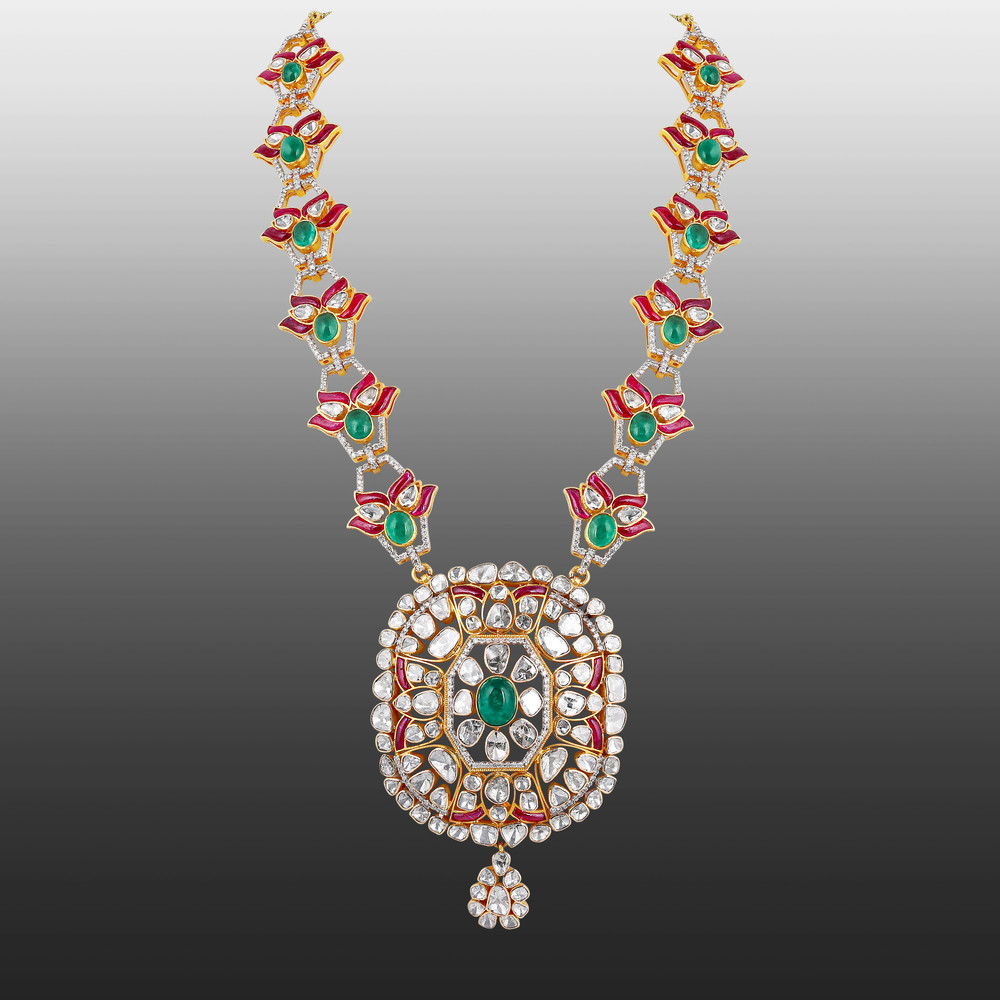 Emerald & Ruby Cabochon Necklace with Diamond Polki Halo