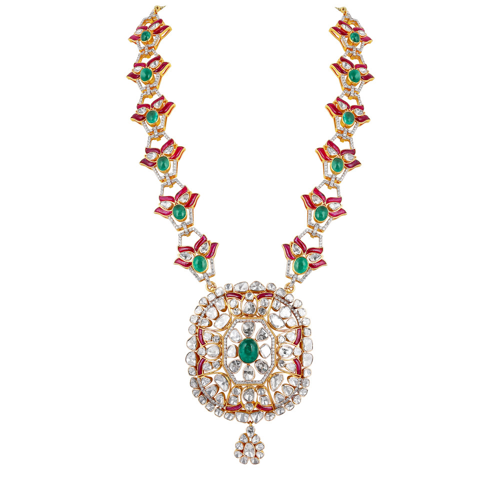 Emerald & Ruby Cabochon Necklace with Diamond Polki Halo