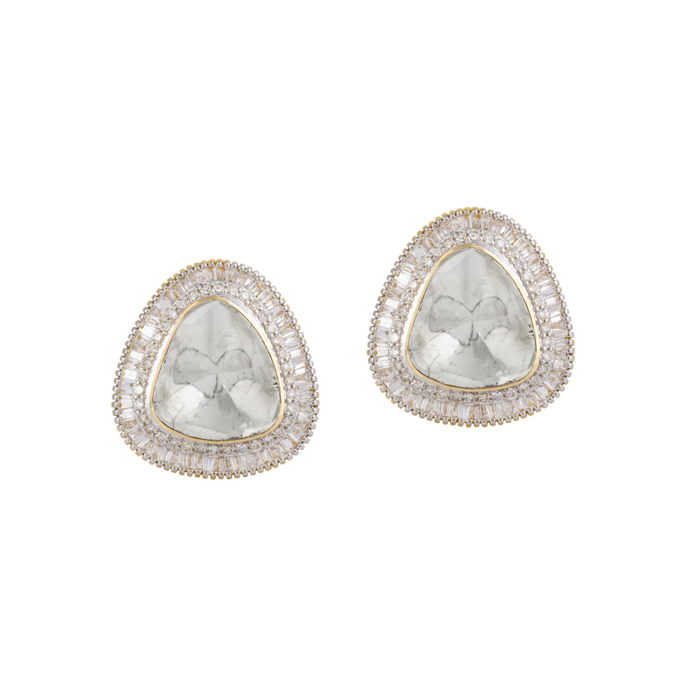 Triangular Stud Earrings with Channel Setting Diamond Halo